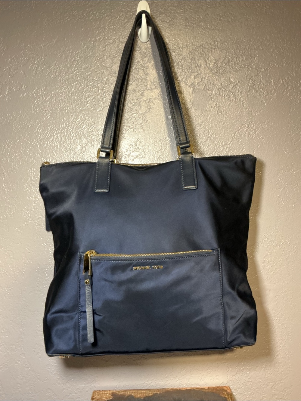 Michael Kors Navy Blue Tote with Front Zip Pocket and Gold Hardware